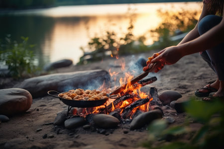 cooking using a campfire on river professional photography AI Generatedの素材