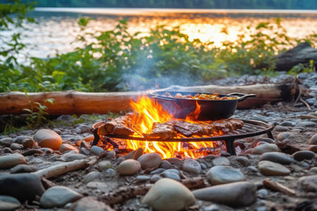 cooking using a campfire on river professional photography AI Generatedの素材