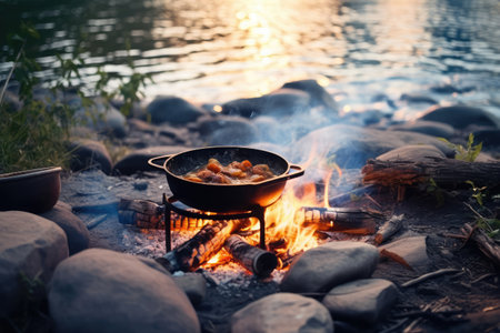 cooking using a campfire on river professional photography AI Generatedの素材