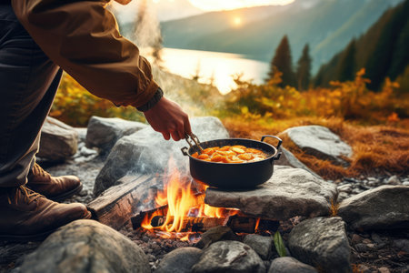 cooking using a campfire on mountain professional photography AI Generatedの素材