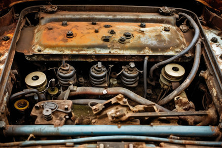inside old car hood engine professional photography AI Generatedの素材