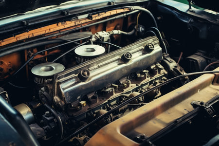 inside old car hood engine professional photography AI Generatedの素材