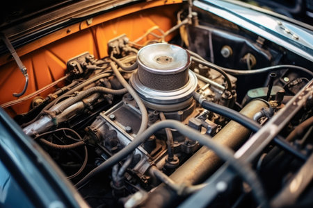 inside old car hood engine professional photography AI Generatedの素材