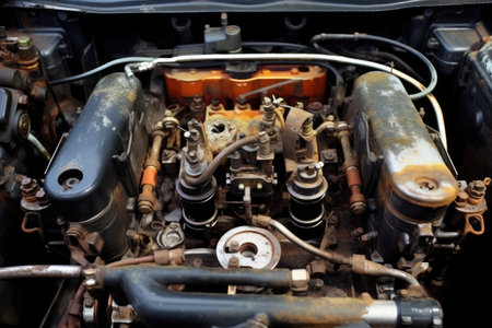 inside old car hood engine professional photography AI Generatedの素材