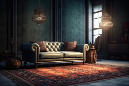 living room with rug vintage decorated furniture professional advertising photographyの素材