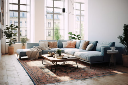 living room with rug skandinavian decorate furniture professional advertising photographyの素材