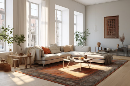 living room with rug skandinavian decorate furniture professional advertising photographyの素材
