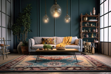 living room with rug vintage decorated furniture professional advertising photographyの素材
