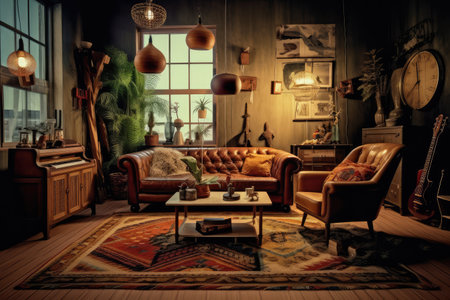 living room with rug vintage decorated furniture professional advertising photographyの素材