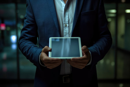 man holding blank tablet professional advertising photography AI Generatedの素材