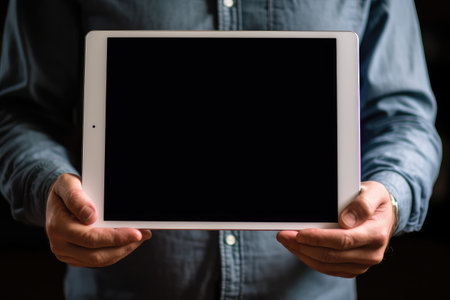 man holding blank tablet professional advertising photography AI Generatedの素材