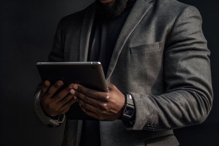 man holding blank tablet professional advertising photography AI Generatedの素材
