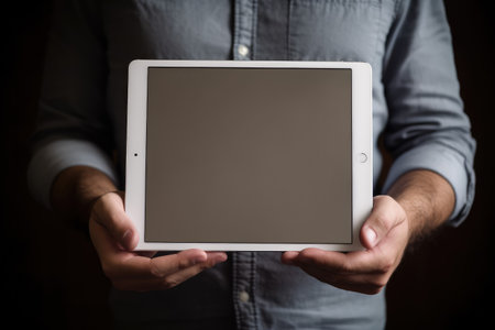 man holding blank tablet professional advertising photography AI Generatedの素材