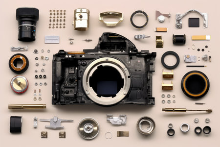 Parts of disassembled Camera top view professional photography AI Generatedの素材