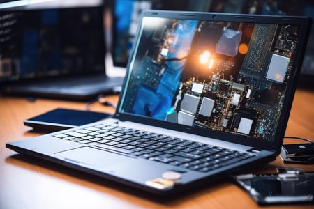 laptop with broken lcd display among disassembled gadget AI Generatedの素材