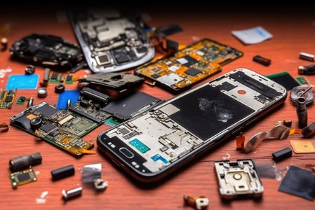 Cell phone with broken cracked lcd display among disassembled gadget AI Generatedの素材