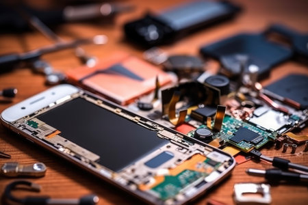 Cell phone with broken cracked lcd display among disassembled gadget AI Generatedの素材