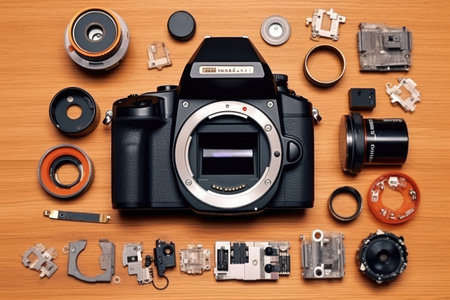 Parts of disassembled Camera top view professional photography AI Generatedの素材