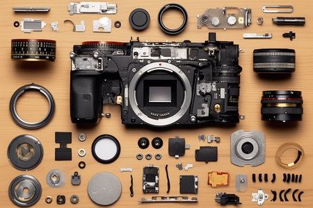 Parts of disassembled Camera top view professional photography AI Generatedの素材