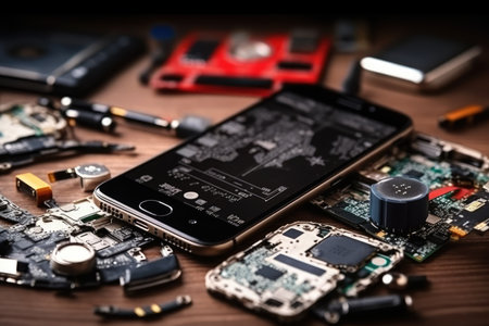 Cell phone with broken display among disassembled gadget AI Generatedの素材