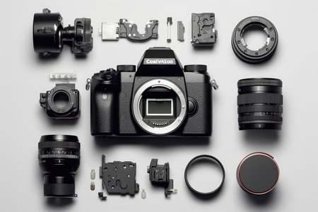 Parts of disassembled Camera top view professional photography AI Generatedの素材