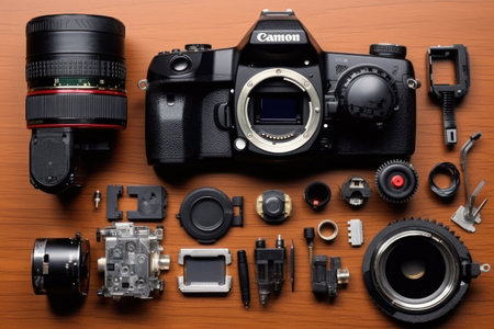Parts of disassembled Camera top view professional photography AI Generatedの素材