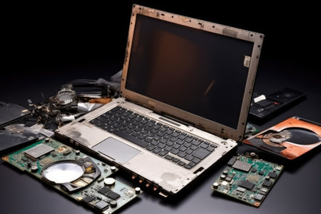 laptop with broken lcd display among disassembled gadget AI Generatedの素材