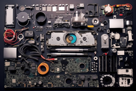 Parts of disassembled computer top view professional advertising photographyの素材