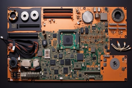 Parts of disassembled computer top view professional advertising photographyの素材