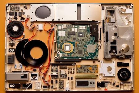 Parts of disassembled computer top view professional advertising photographyの素材