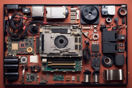 Parts of disassembled computer top view professional advertising photographyの素材