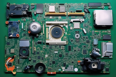 Parts of disassembled computer top view professional advertising photographyの素材