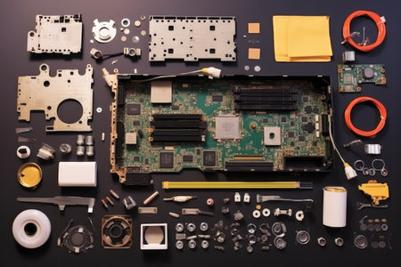 Parts of disassembled computer top view professional advertising photographyの素材