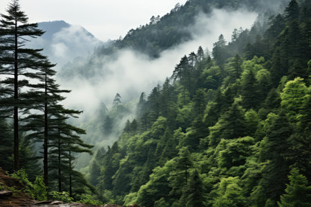 a mountain forest with high trees myst and fog grim background AI Generatedの素材