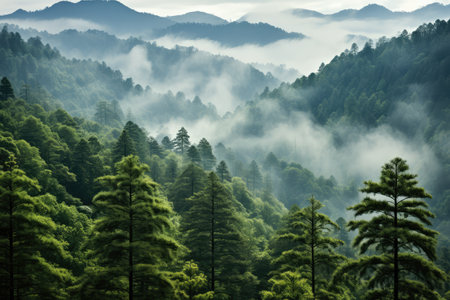 a mountain forest with high trees myst and fog grim background AI Generatedの素材