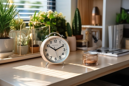 Alarm clock in the Workbench desk design professional advertising photography AI Generatedの素材
