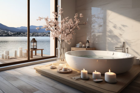 a candle in bath room with bathtub professional advertising photography AI Generatedの素材