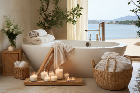 a candle in bath room with bathtub professional advertising photography AI Generatedの素材
