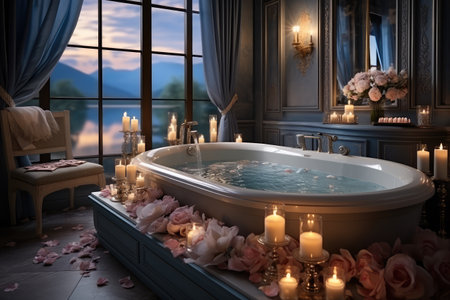 a candle in bath room with bathtub professional advertising photography AI Generatedの素材