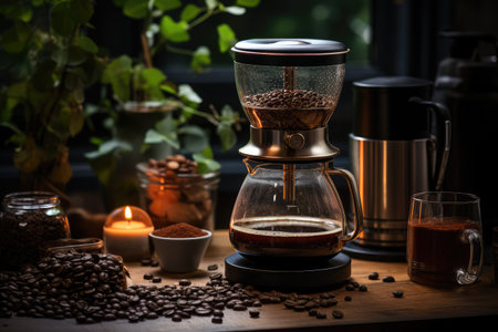 coffee maker with roasted beans grounded coffee professional advertising photographyの素材