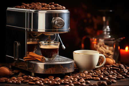 coffee maker with roasted beans grounded coffee professional advertising photographyの素材