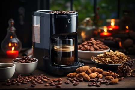 coffee maker with roasted beans grounded coffee professional advertising photographyの素材