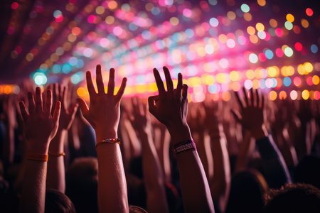 concert crowd with hands raised at a music festival professional advertising photographyの素材