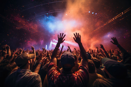concert crowd with hands raised at a music festival professional advertising photographyの素材