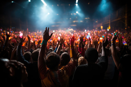 concert crowd with hands raised at a music festival professional advertising photographyの素材