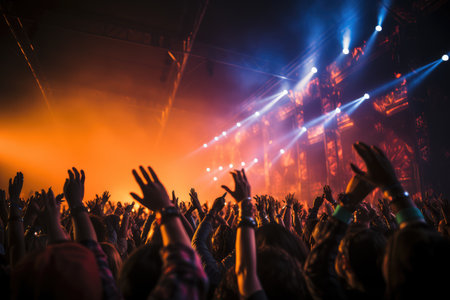 concert crowd with hands raised at a music festival professional advertising photographyの素材