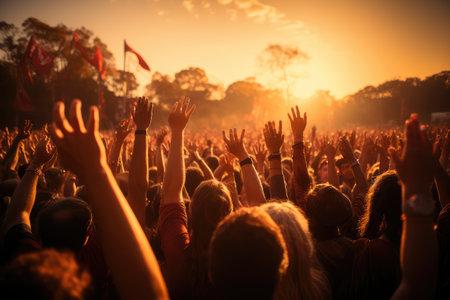 concert crowd with hands raised at a music festival professional advertising photographyの素材