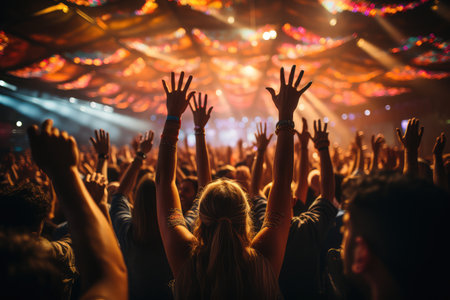 concert crowd with hands raised at a music festival professional advertising photographyの素材