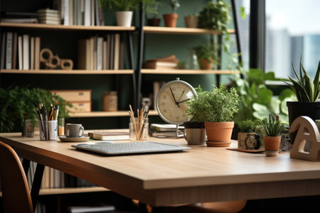 Close up of a modern office desk with book and suppliesの素材