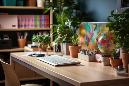 Close up of a scandinavian office desk with stationery and suppliesの素材